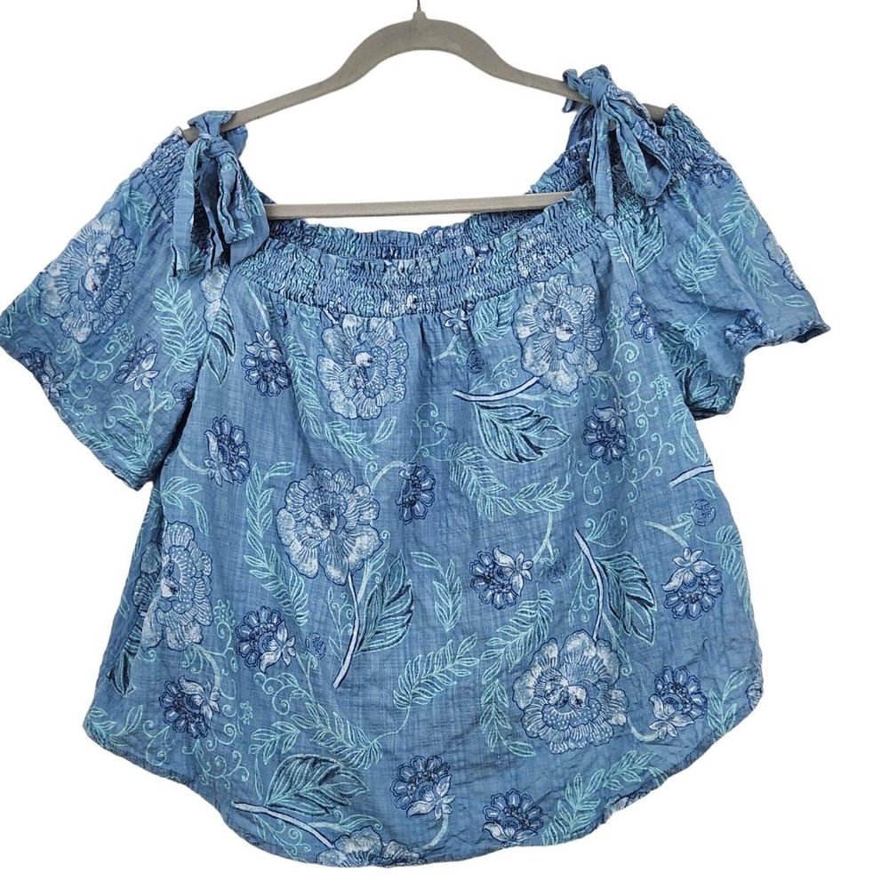 a.n.a Womens Blouse Sz L Blue White Floral Short Sleeve Off Shoulder Tie Elastic